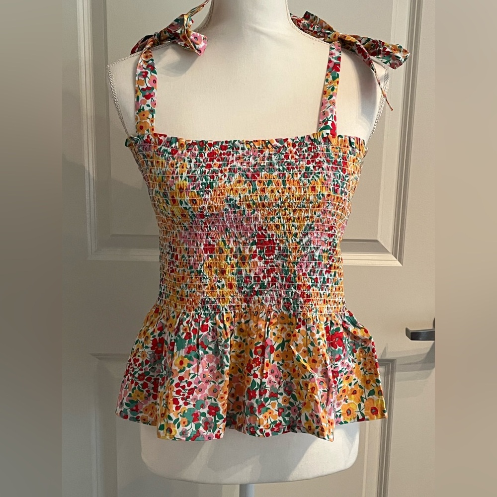 J.Crew Smocked Tie Shoulder Tank Top | Multi- Warm Clementine, Red, & Green | M